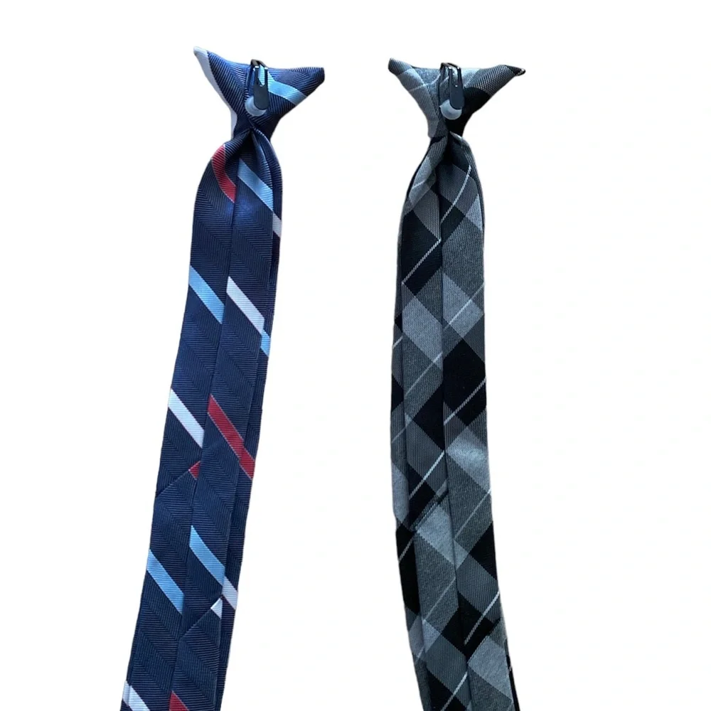 Set of 2 Boys Clip On Ties for Formal Events—Striped & Plaid New Without Tags
